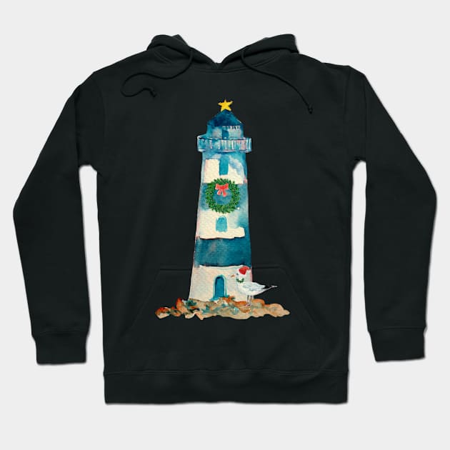 Christmas Watercolor Lighthouse Hoodie by emrdesigns